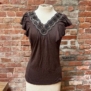 Brown Sequin Embellished V-Neck Flutter Sleeve Boho Top Fairycore Medium